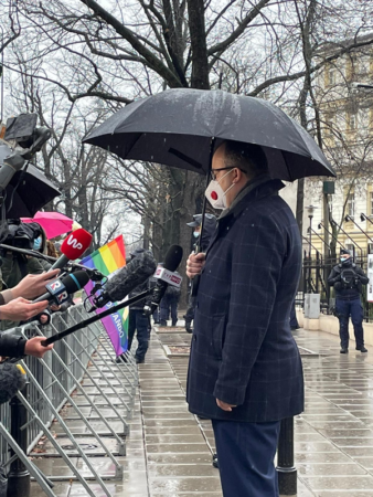 Ombudsman Adam Bodnar outside the ”Constitutional Tribunal” in Warsaw addressing the media.